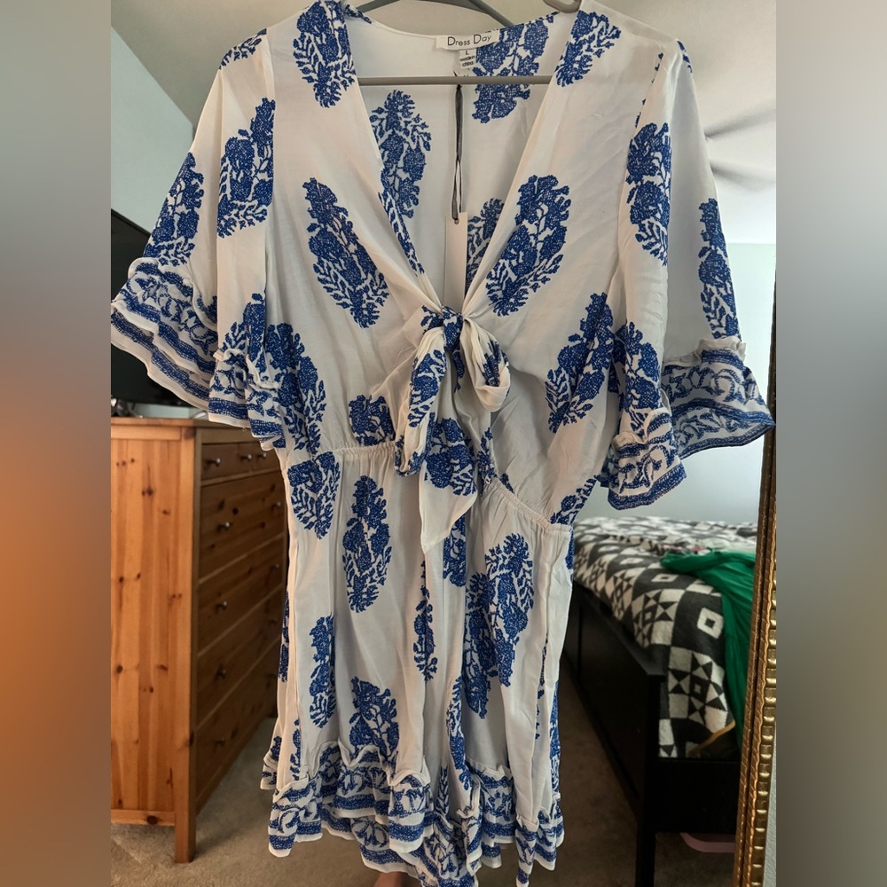 Blue and White Short Sleeve Tie Front Romper